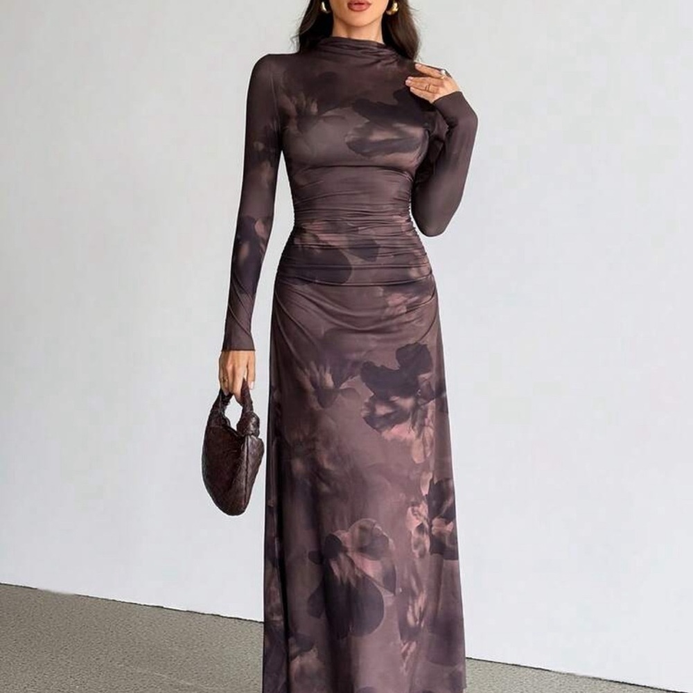 Elegant Brown Floral Ruched Maxi Dress